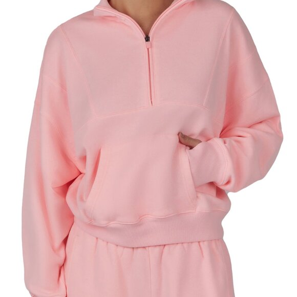 YOGALICIOUS Cozy Retreat Quarter Zip Fleece Pullover & Shorts 2pc Coral Large - Picture 4 of 5